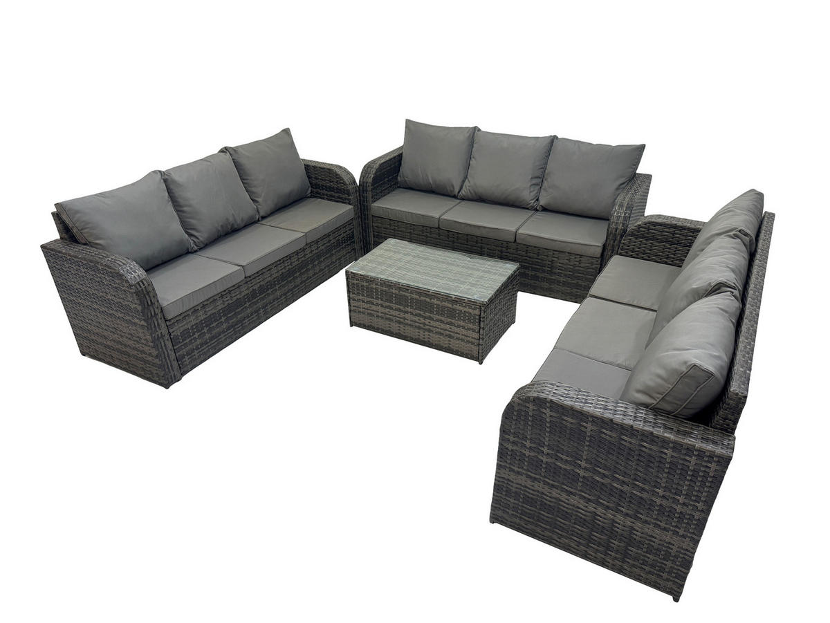 GARTENMÖBELGARNITUR mit KISSEN Polyrattan Dunkelgrau 9-Sitzer - Dunkelgrau/Grau, Glas/Kunststoff - Fimous
