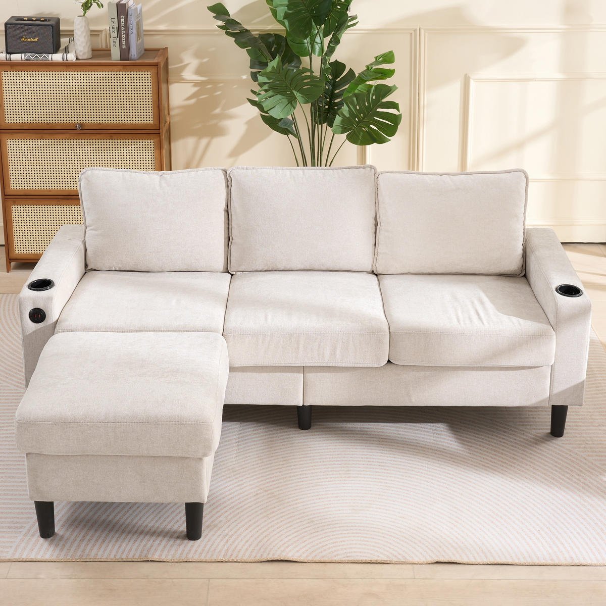 SOFA 3-Sitzer L Form Schlafsofa USB Typ C Getränkehalter Beige - Beige, Naturmaterialen (202/137cm) - FLIEKS