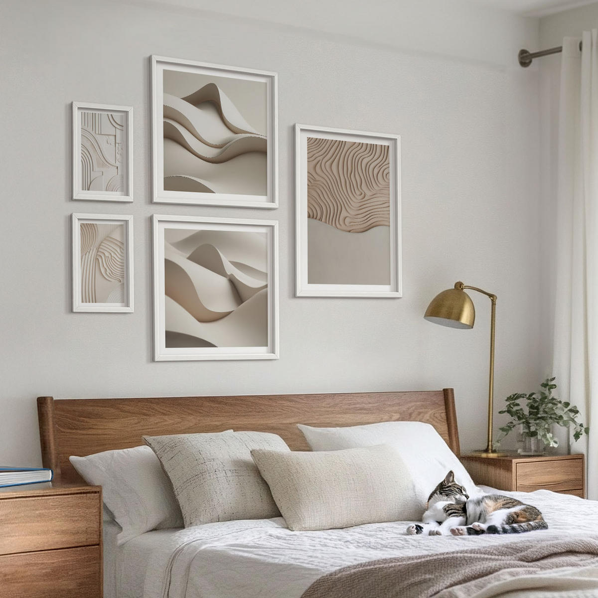BILDER SET 5er Set - 50x50 cm & 20x30 cm & 40x60 cm Weißer Rahmen - Abstrakte Wellen auf dem Sand - Weiß, Kunststoff (40/60cm) - TULUP