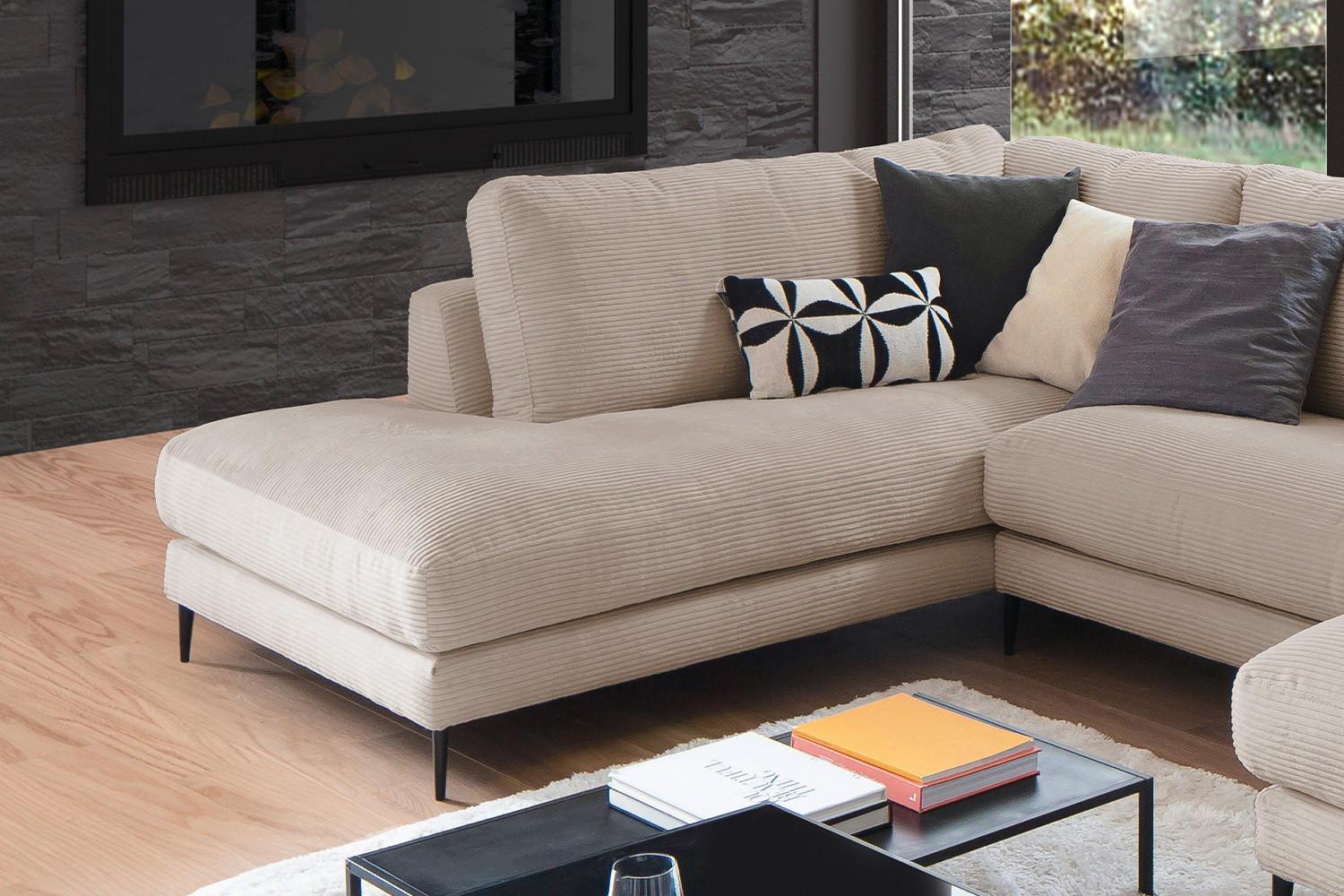 WOHNLANDSCHAFT CARA Taupe Cord - Taupe/Schwarz, Textil (341/84/223cm) - KAWOLA