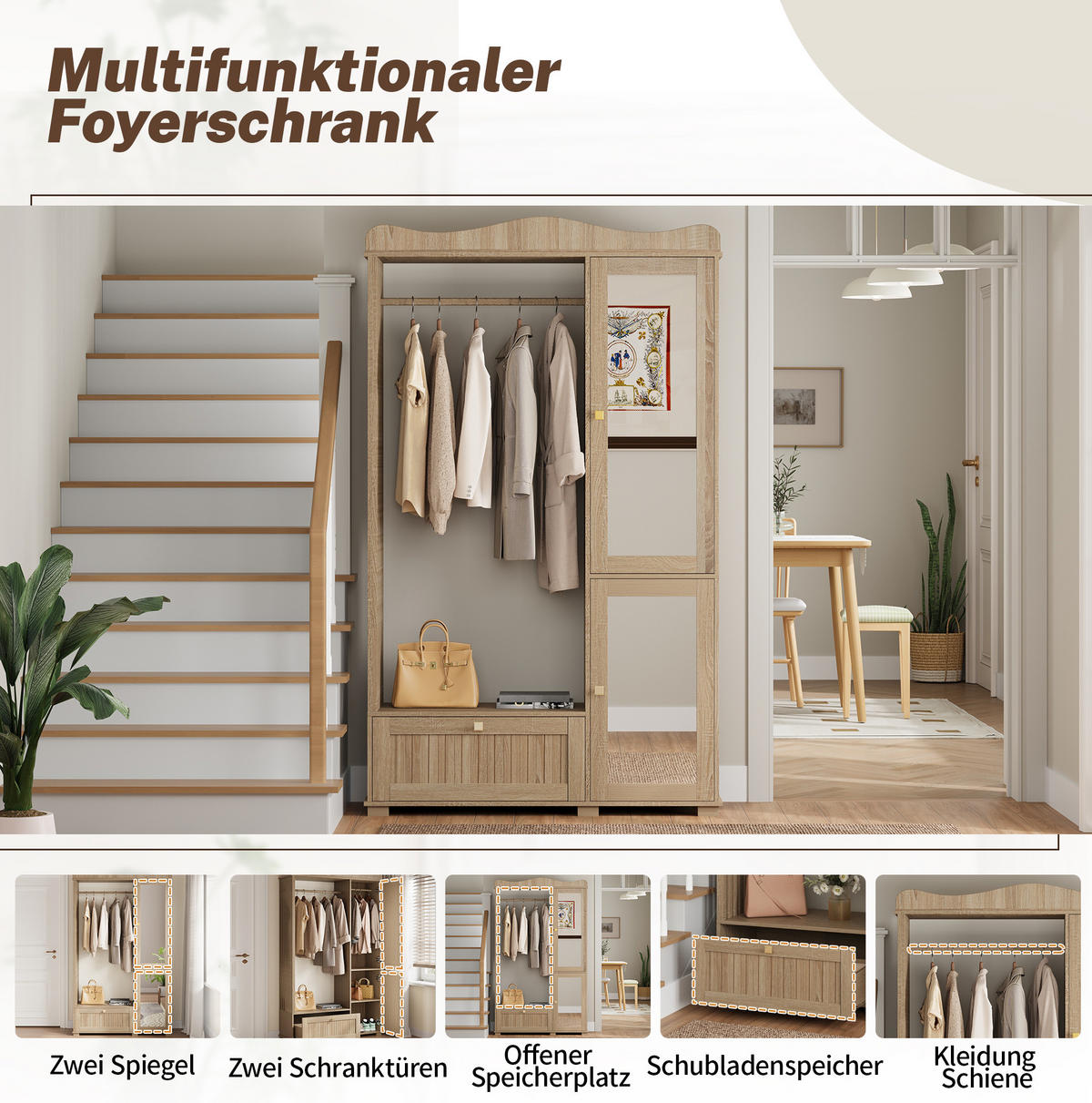 GARDEROBENSCHRANK 115,5/38,5/194,5 cm mit Spiegel, offener Kleiderstange und Schublade, Eichefarben - Eichefarben, Holzwerkstoff (115.5/194.5/38.5cm) - Redom