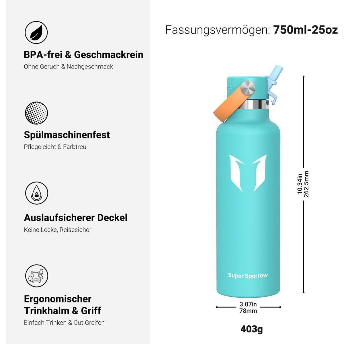 TRINKFLASCHE Edelstahl 750 ml Mintgrün - Türkis, Metall (7.8/7.8cm)