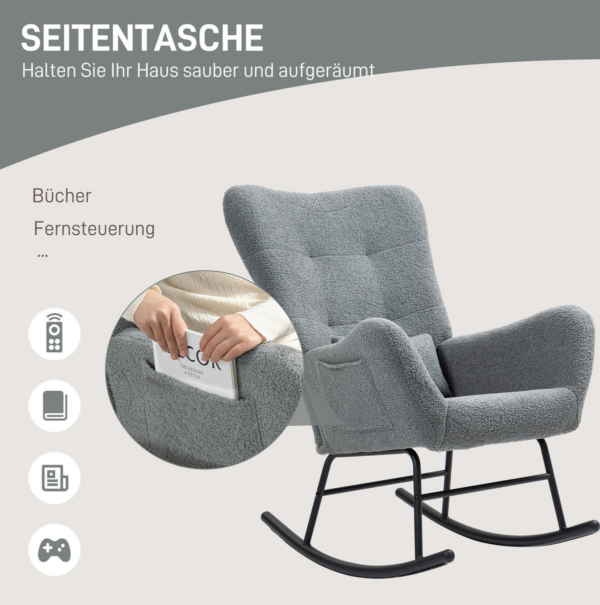 RELAX-SCHAUKELSTUHL 67/95/100 cm mit Teddybezug und Seitentasche, bis 120 kg belastbar - Grau, Textil (67/100/95cm) - BEAOK