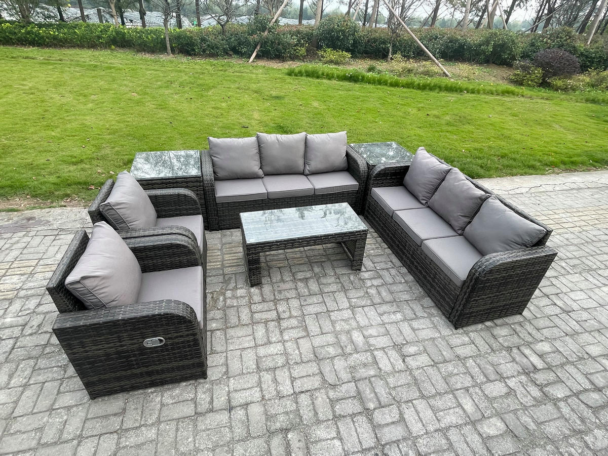 GARTENSOFA SET mit rechteckigem COUCHTISCH Polyrattan 8-Sitzer Dunkelgrau - Dunkelgrau/Grau, Glas/Kunststoff - Fimous