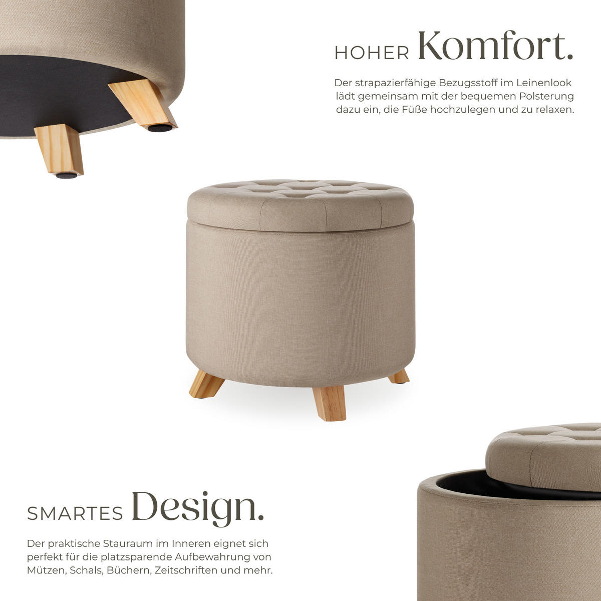 SITZHOCKER mit Stauraum Suna,44,5 x 41,5 cm,Sand - Sandfarben, Holz (44.5/41.5/44.5cm) - tectake