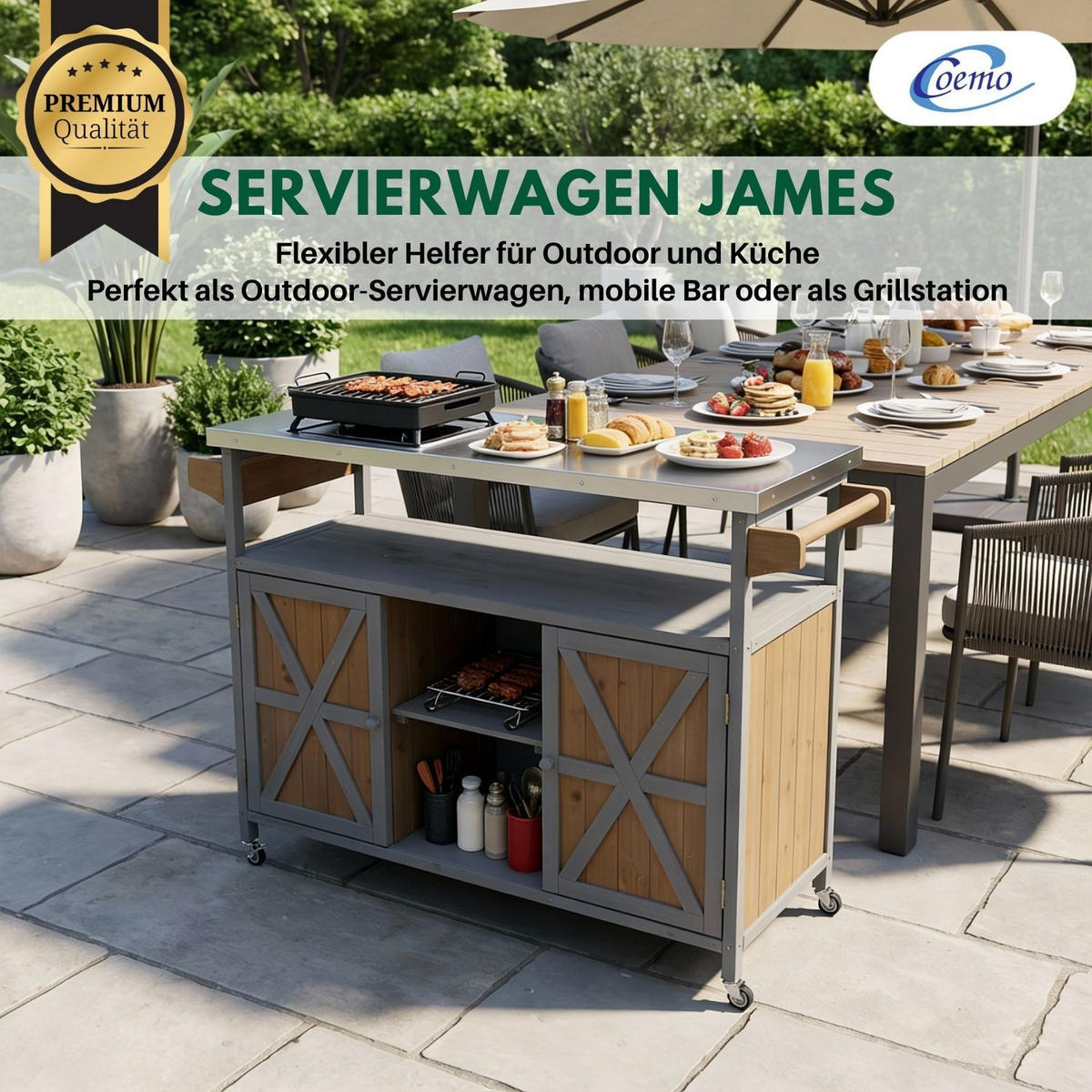 SERVIERWAGEN JAMES mit Rollen Outdoor 138/47/92 cm Farbe Grau - Grau, Holz (47/92/138cm) - Coemo