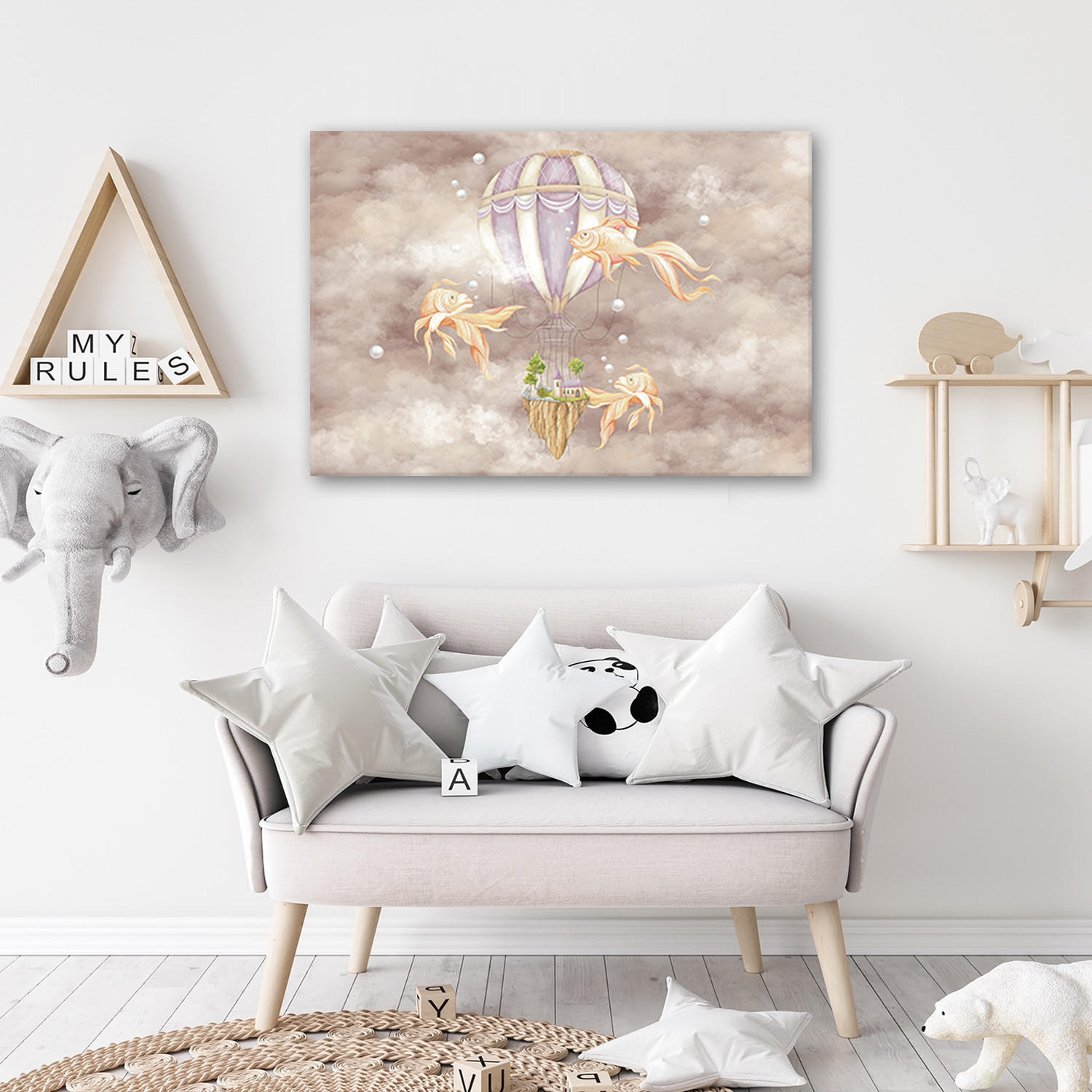 WANDBILD heißluftballon fliegendes haus und fisch - Pink, Textil (60/40cm) - Feeby