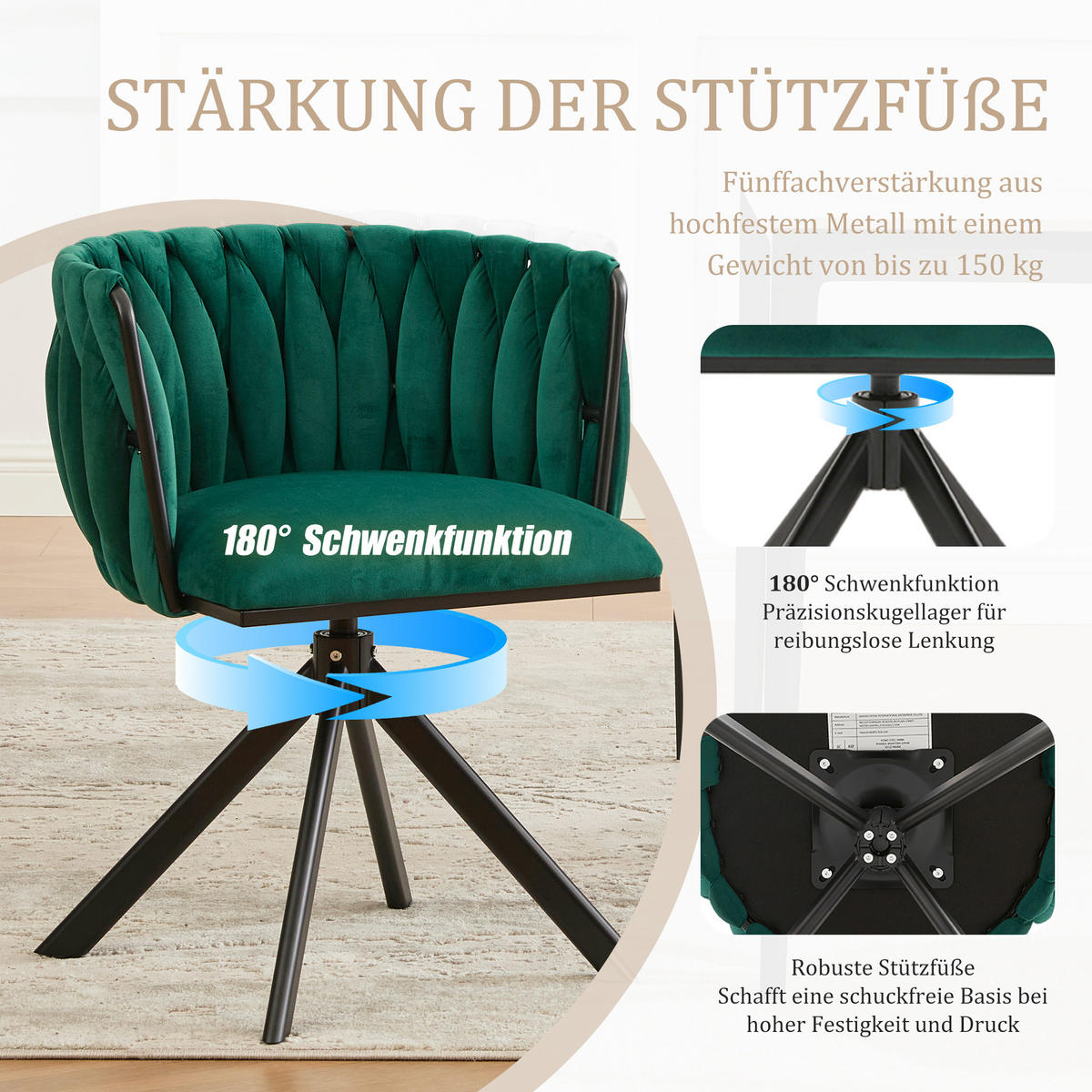 ARMLEHNSTUHL(SET à 2 Stück) - Metallgestell, ergonomisches Design und hochwertiger Velours - Smaragdgrün - Dunkelgrün, Textil/Metall (50/70/56cm) - KOMHTOM