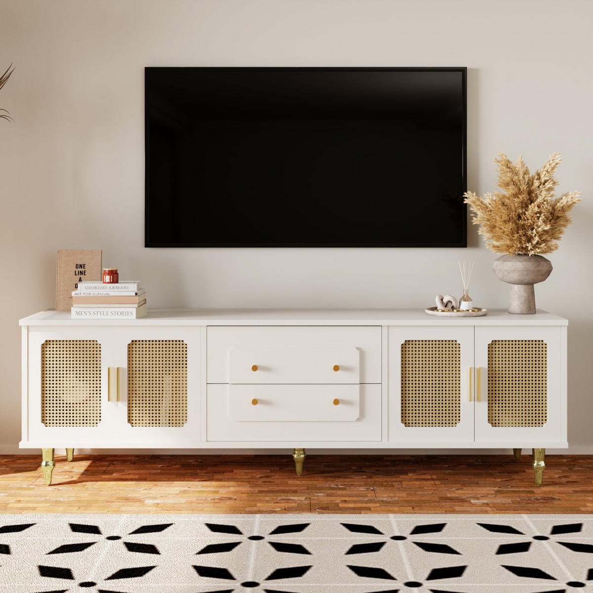 TV-LOWBOARD 175 cm Weiß mit Türen, Goldgriffen und Massivholzbeinen - Weiß, Holz (175/55/38cm) - PARAFTA HOME