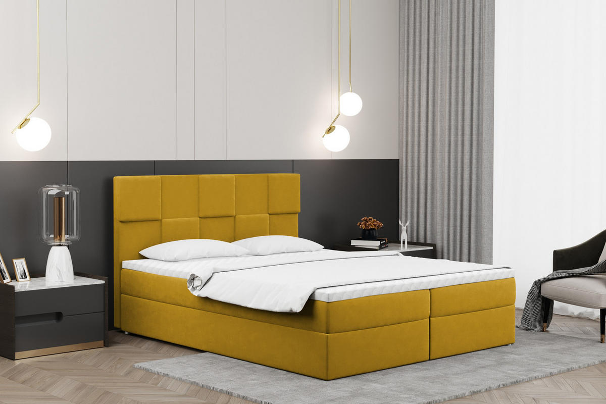 BOXBETT mit Bettkasten und Matratze CLARA Stoff Velvet Gelb 160x200 cm H2-Pocket - Gelb, Holz (160/200cm) - Kaiser Möbel