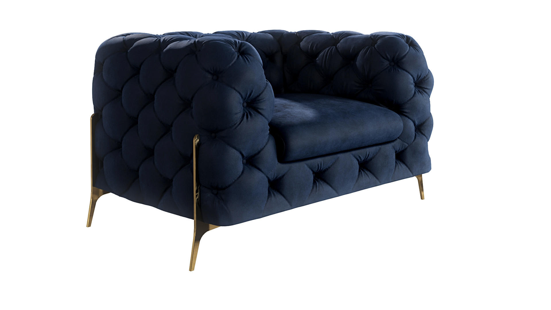 S-Style CHESTERFIELD KŘESLO Lexi z tmavě modrého sametu se zlatými nohami