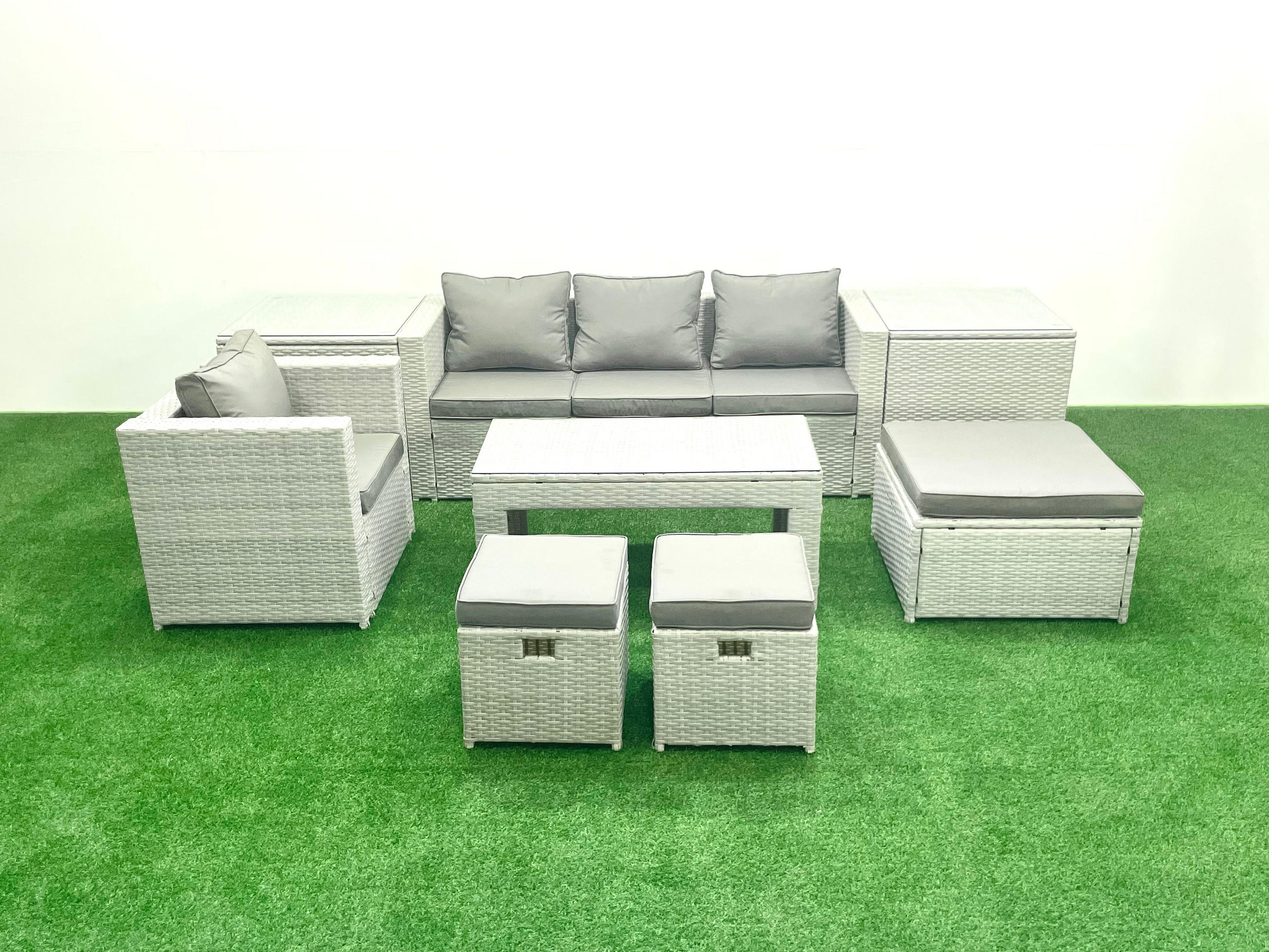 BALKONMÖBEL-SET Polyrattan Hellgrau-Mix 7-teilig - Hellgrau/Grau, Glas/Kunststoff - Fimous