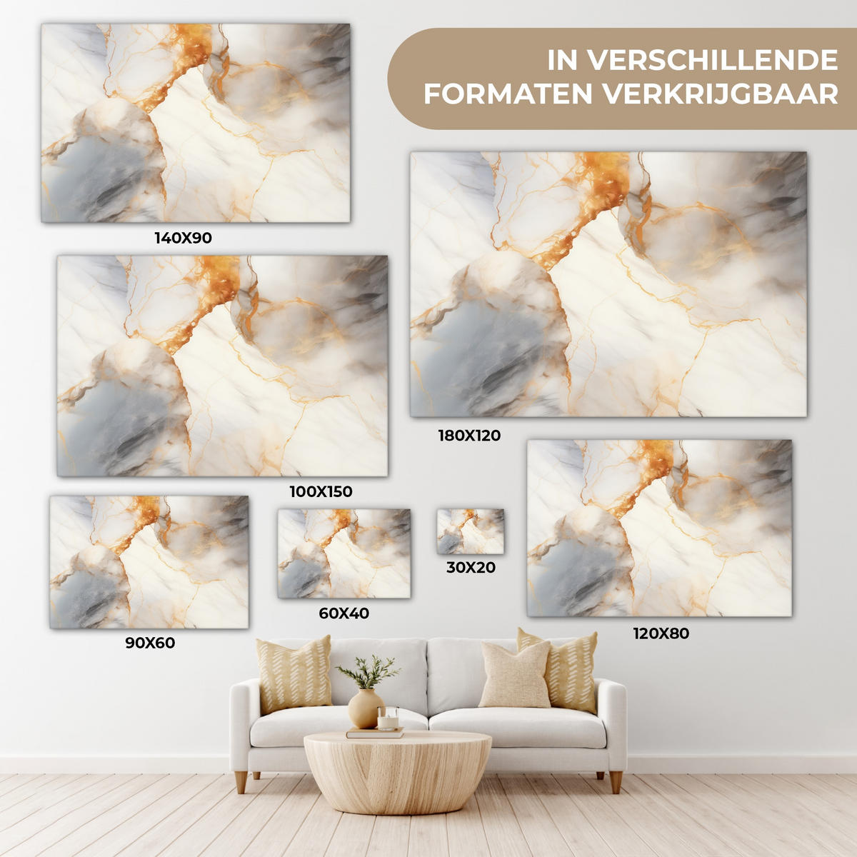 LEINWANDBILD Marmor - Grau - Gold Wohnzimmer Groß 120x80 cm - Weiß, Textil (120/80cm) - MuchoWow