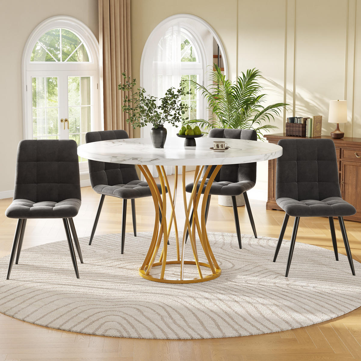 ESSTISCHSET 5-Teilig Rund 80 Cm, Graue Samtstühle, Weiß Marmor, Gold - Multicolor, Metall (100/76/100cm) - FLIEKS