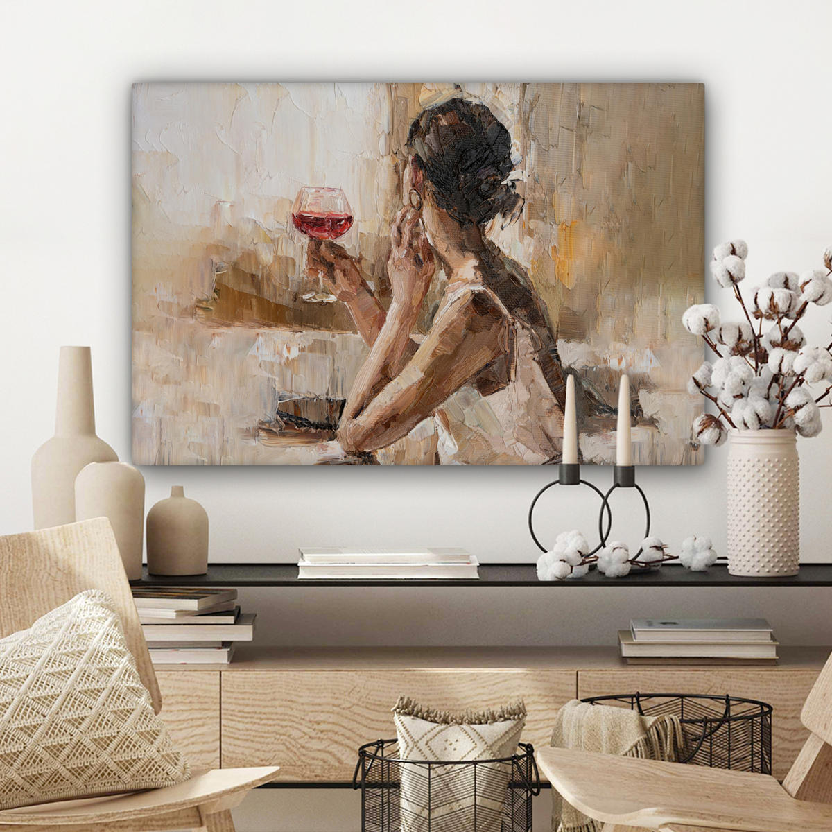 LEINWANDBILD Ölgemälde - Frau - Wein Gemälde 60x40 cm - Hellbraun, Textil (60/40cm) - MuchoWow