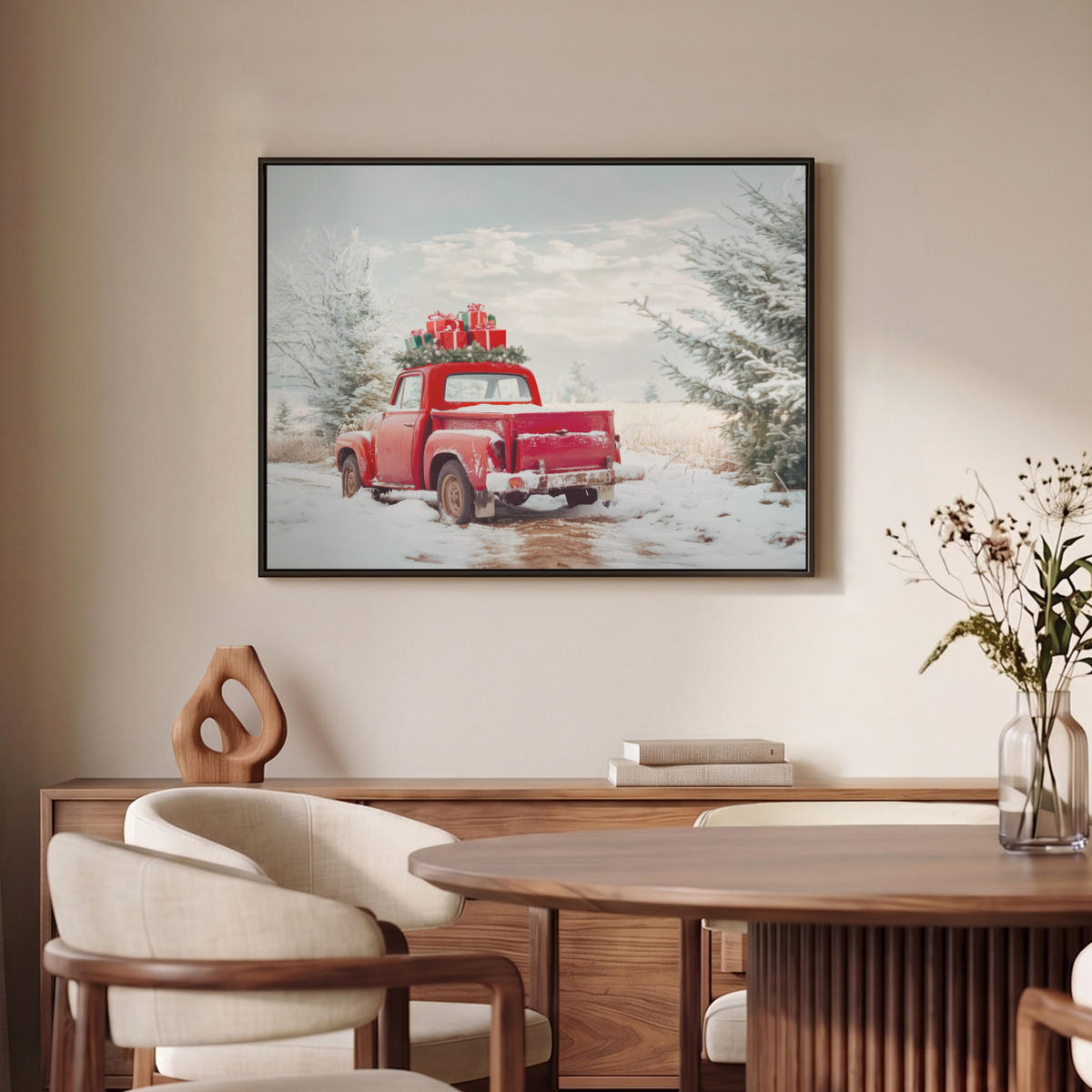 LEINWAND Bilder mit Rahmen - Auto - Rot - Geschenke - Winter - Schnee - Weihnachten - 80x60 - Rot, Textil (80/60cm) - MuchoWow