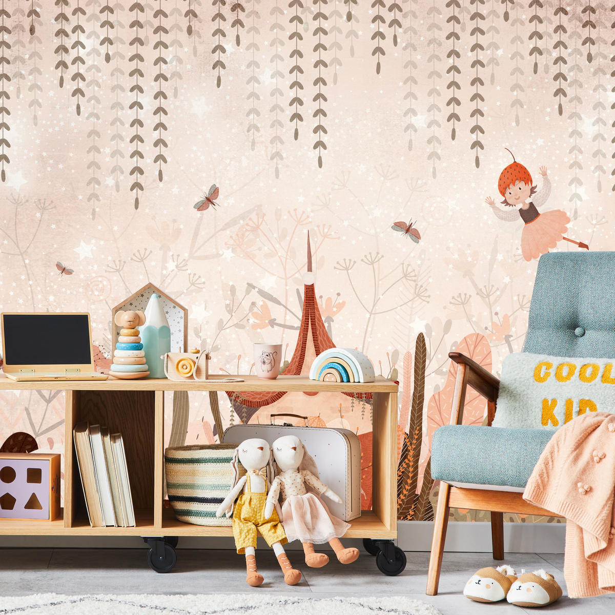 FOTOTAPETE für Kinderzimmer Feen Aquarell Wald Blumen Blätter Boho 150x105 - Beige/Orange, Papier (150/105cm) - Muralo