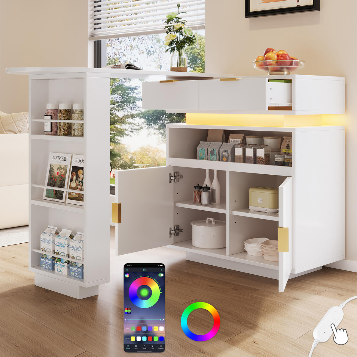 BARTISCH Weiß LED ausziehbar Stauraum 360° mobil 115-183cm - Weiß, Holzwerkstoff (183/40/99cm) - FLIEKS