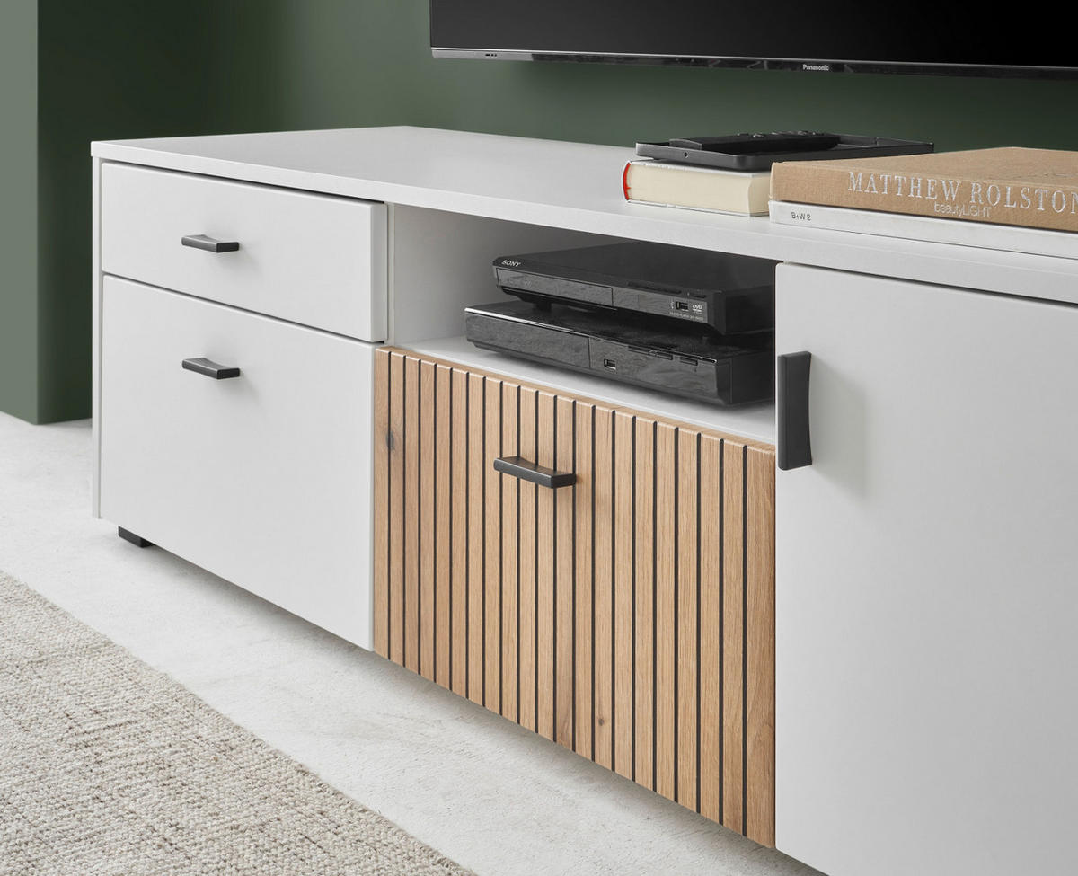 TV-LOWBOARD weiß matt, Eiche 150 x 44 cm, TV Unterteil mit viel Stauraum und Soft-Close - Eichefarben/Schwarz, Holzwerkstoff/Kunststoff (150/44/42cm) - Furn.Design