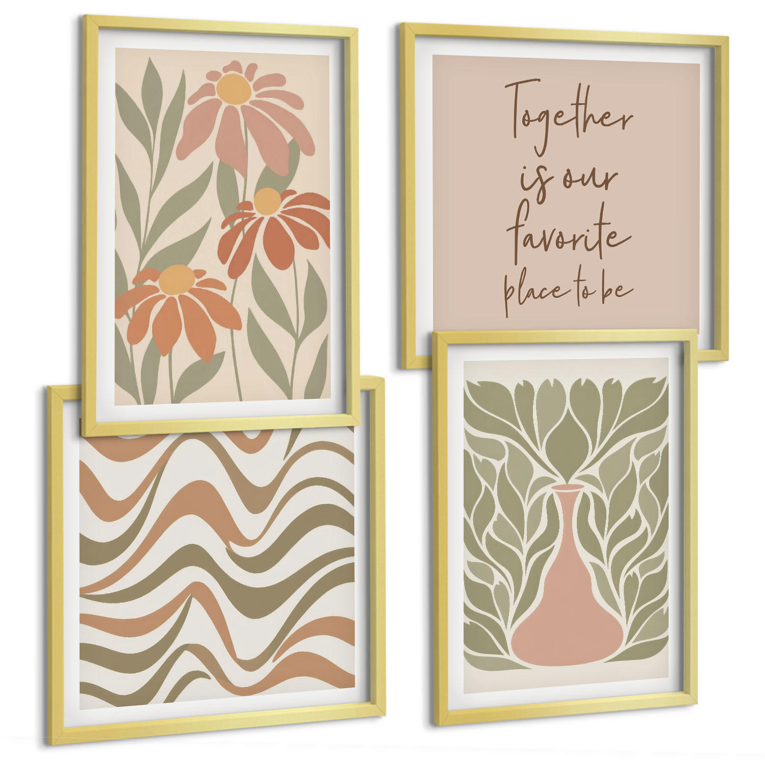 BILDER SET 4er Set - 50x50 cm & 40x60 cm Goldrahmen - Abstrakte Pastellblumen - Goldfarben, Kunststoff (50/50cm) - TULUP