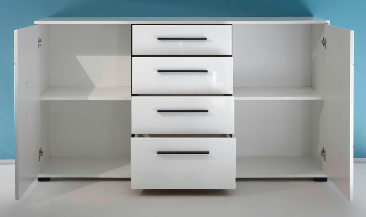 SIDEBOARD weiß Hochglanz 150 cm, Kommode mit Soft-Close - Weiß Hochglanz/Schwarz, Holzwerkstoff/Kunststoff (150/86/42cm) - Furn.Design