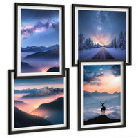 BILDER SET 4er Set - 50x50 cm & 40x60 cm Schwarzer Rahmen - Nachthimmel Berge Nebel Hirsch - Schwarz, Kunststoff (50/50cm) - TULUP