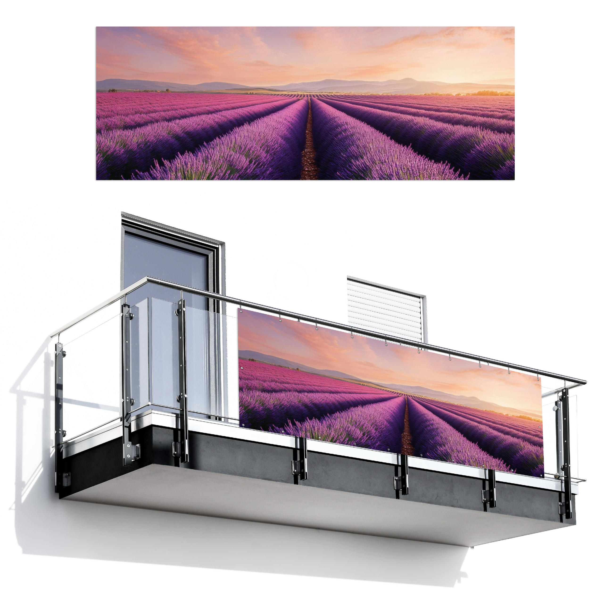 BALKON-SICHTSCHUTZ Lavendelfeld - Sonnenuntergang - Lila - Blumen - Violett, Kunststoff (300/110cm) - MuchoWow