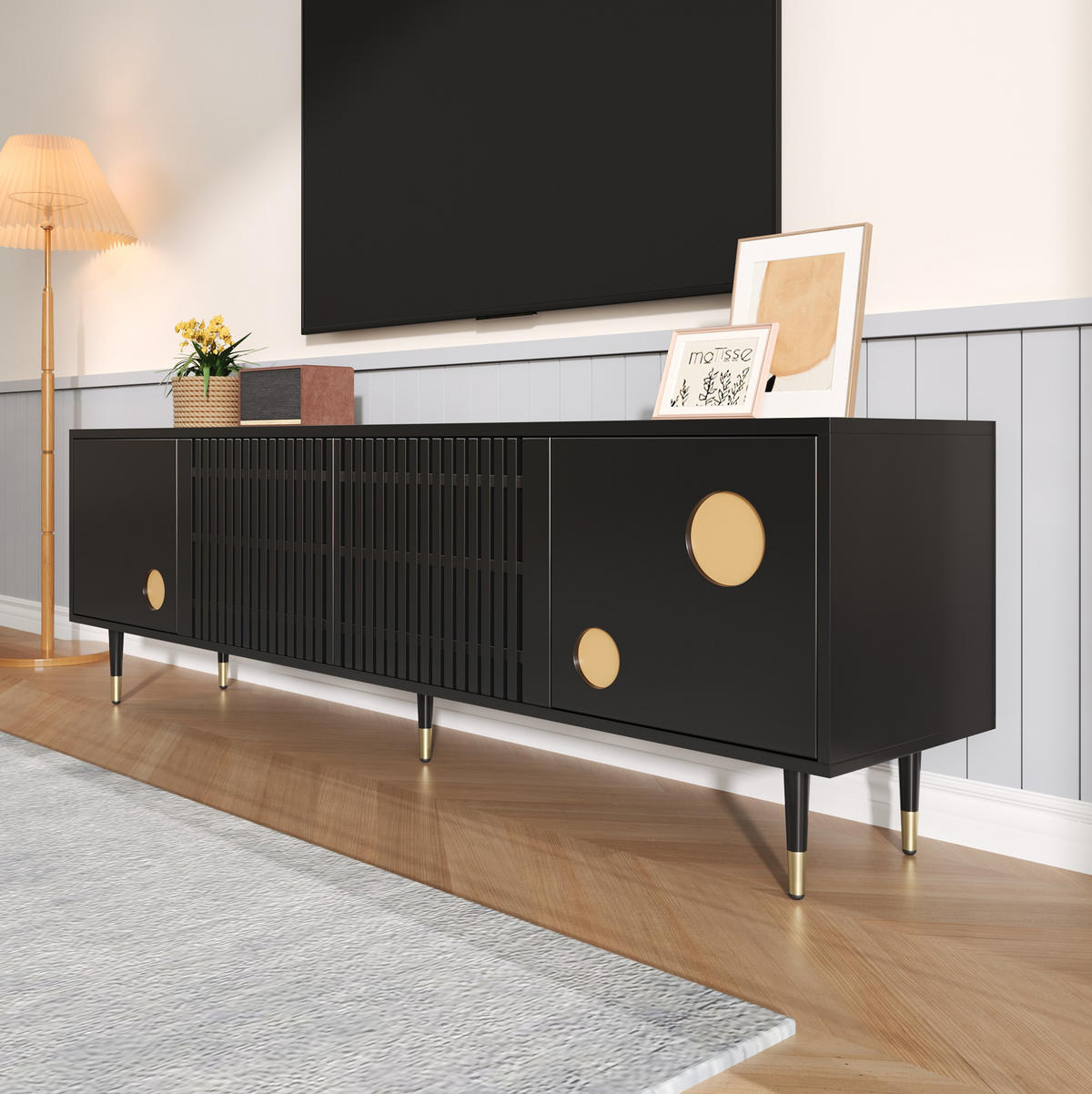 TV-SCHRANK in Schwarz mit 4 Türen, Gitterfront und Golddetails 170/36/54 cm - Schwarz, Holzwerkstoff (170/54/36cm) - Redom