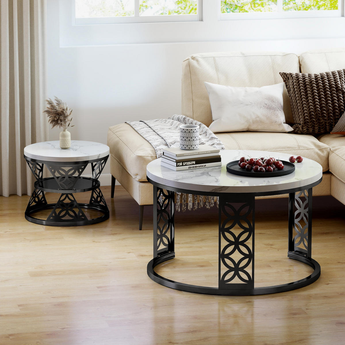 COUCHTISCH-SET mit Marmoreffekt und Metallrahmen Basis, Stapelbarer Beistelltisch Set 70/70/45 cm + 45/45/37 cm, Weiß und Schwarz - Weiß, Holzwerkstoff (70/70/45cm) - Redom