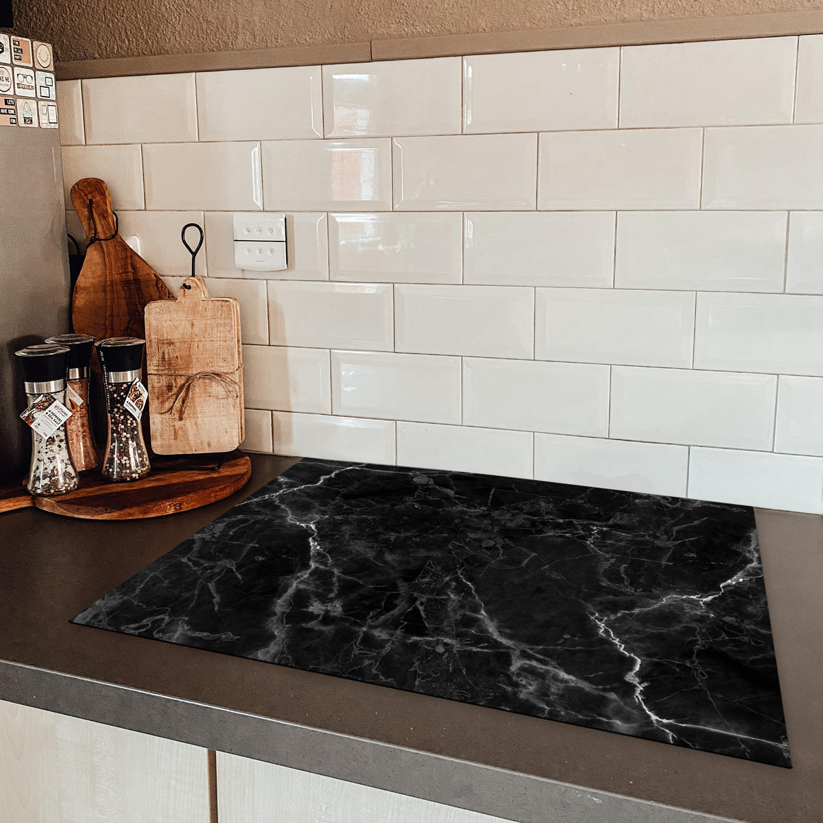 HERDABDECKPLATTE Marmor - Schwarz - Weiß - Textur - Marmoroptik 71x52 cm - Silberfarben, Kunststoff (71/0.2/52cm) - MuchoWow