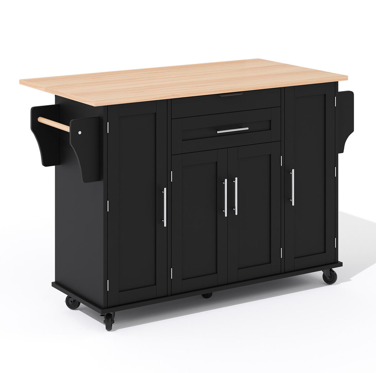 KÜCHENINSEL 136/70/92 cm aus MDF mit ausziehbarer Arbeitsplatte, Schubladen und Rollen, Schwarz/Natur - Schwarz, Holzwerkstoff (136/92/70cm) - Redom