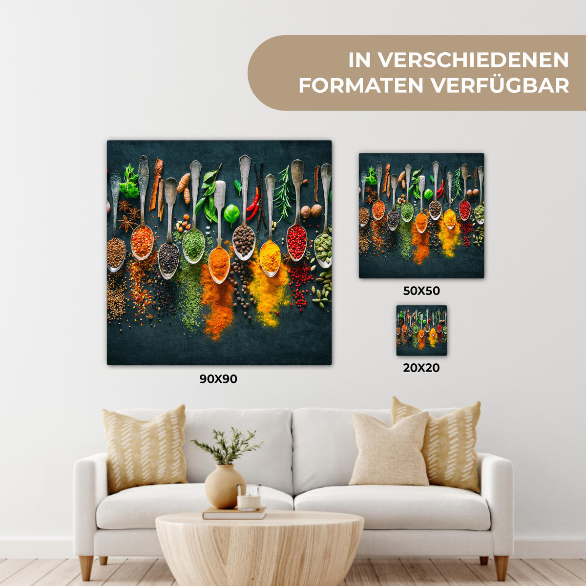 LEINWANDBILD Kräuter - Gewürze - Löffel 20x20 cm - Currygelb, Textil (20/20cm) - MuchoWow