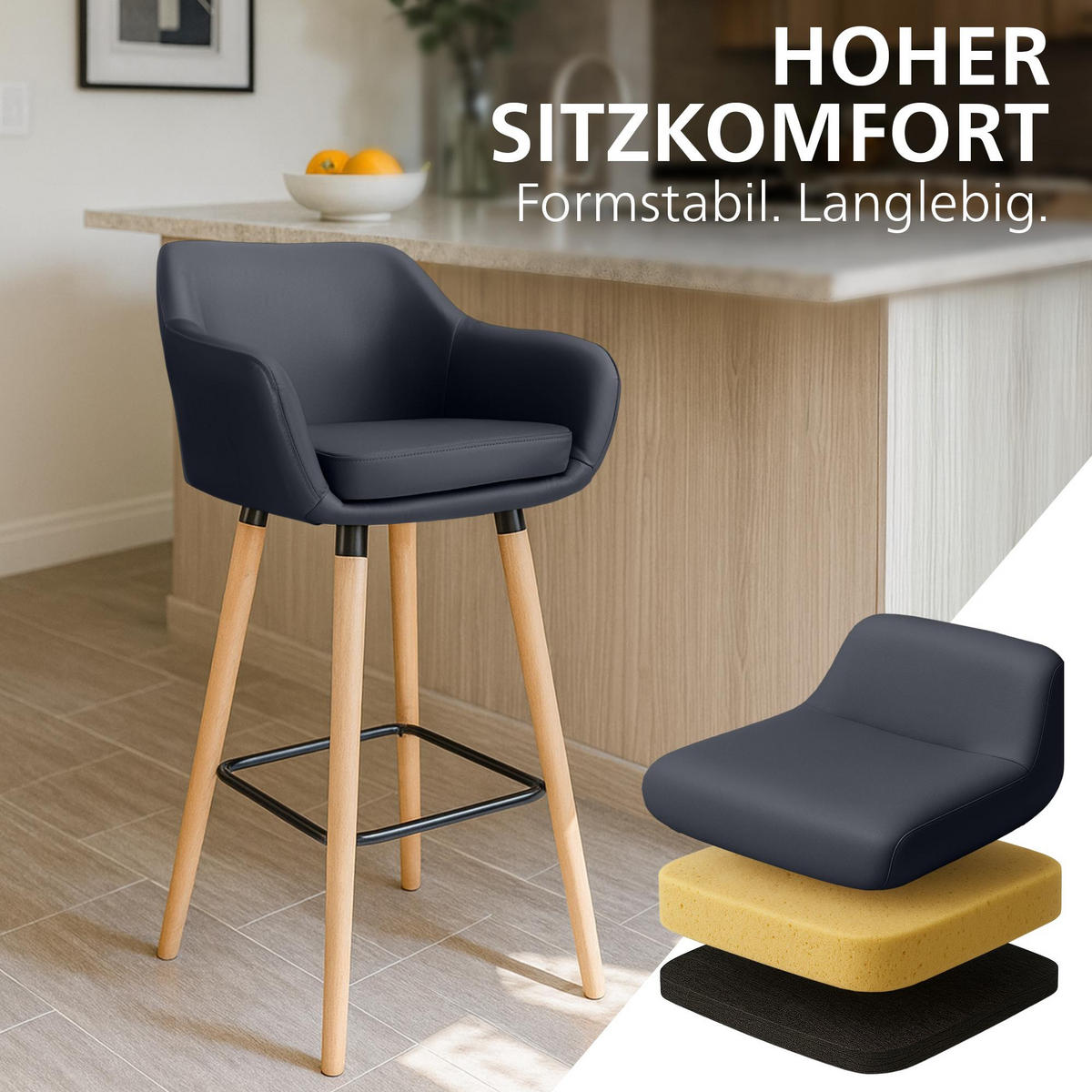 BARHOCKER Lederlook Schwarz - Eukalyptusholzfarben/Schwarz, Holz/Textil (55/99/46cm) - CLP