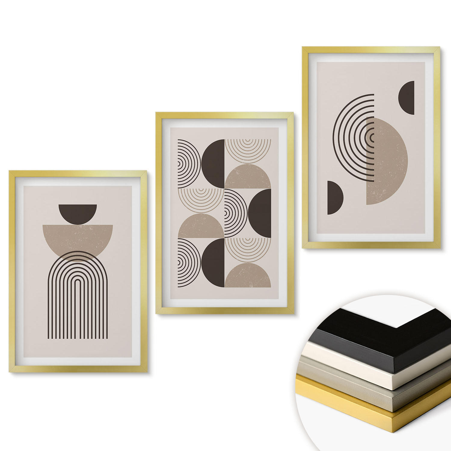WANDBILDER 3er Set - 40x60 cm Goldrahmen - Abstrakte Minimalismusmuster - Goldfarben, Kunststoff (40/60cm) - ArtPrintCave