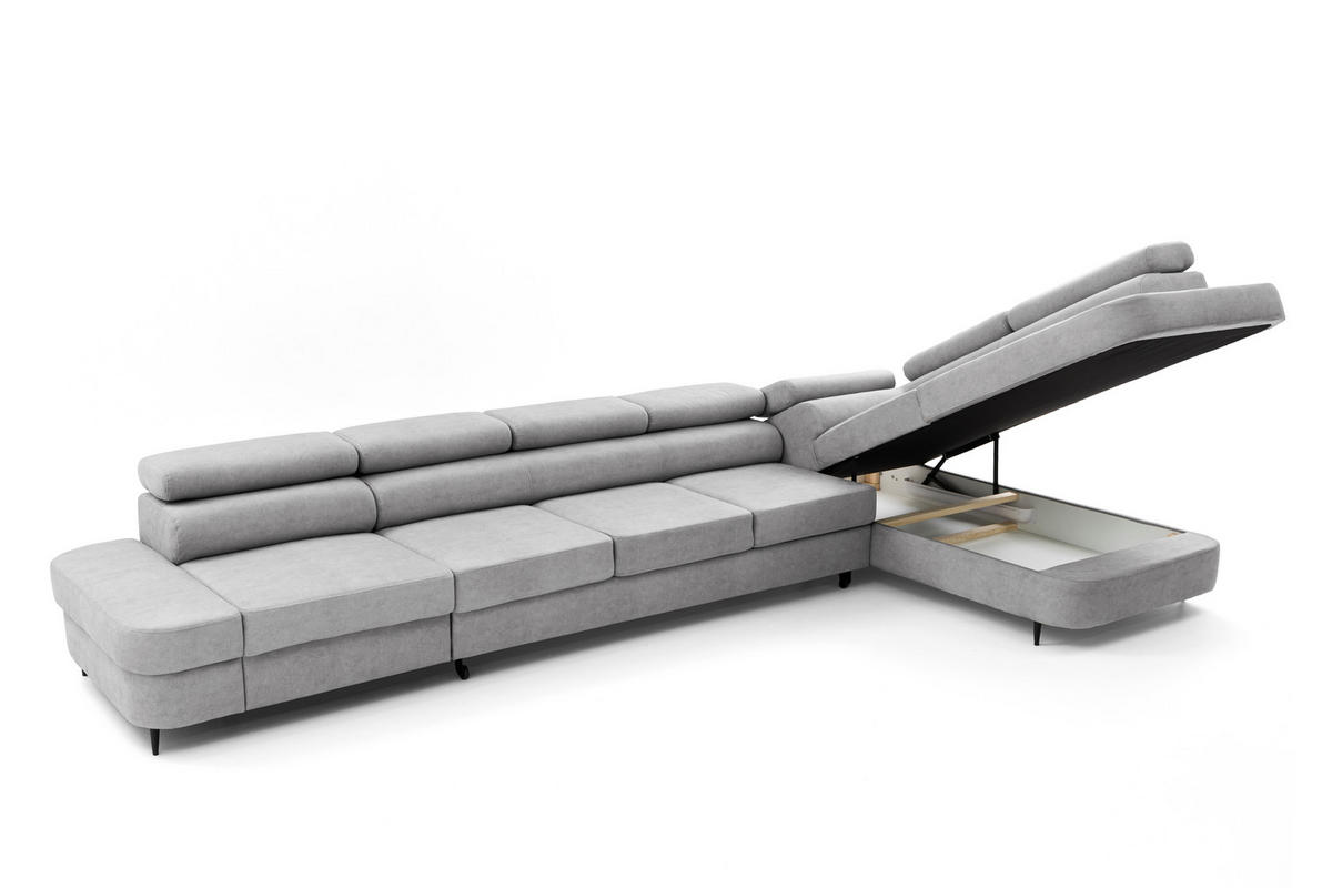 ECKSOFA PRIAM XXL L-Form Rechts mit Schlaffunktion 125x265 Velours Hellgrau - Hellgrau/Schwarz, Holz/Textil (203/420cm) - Muffo