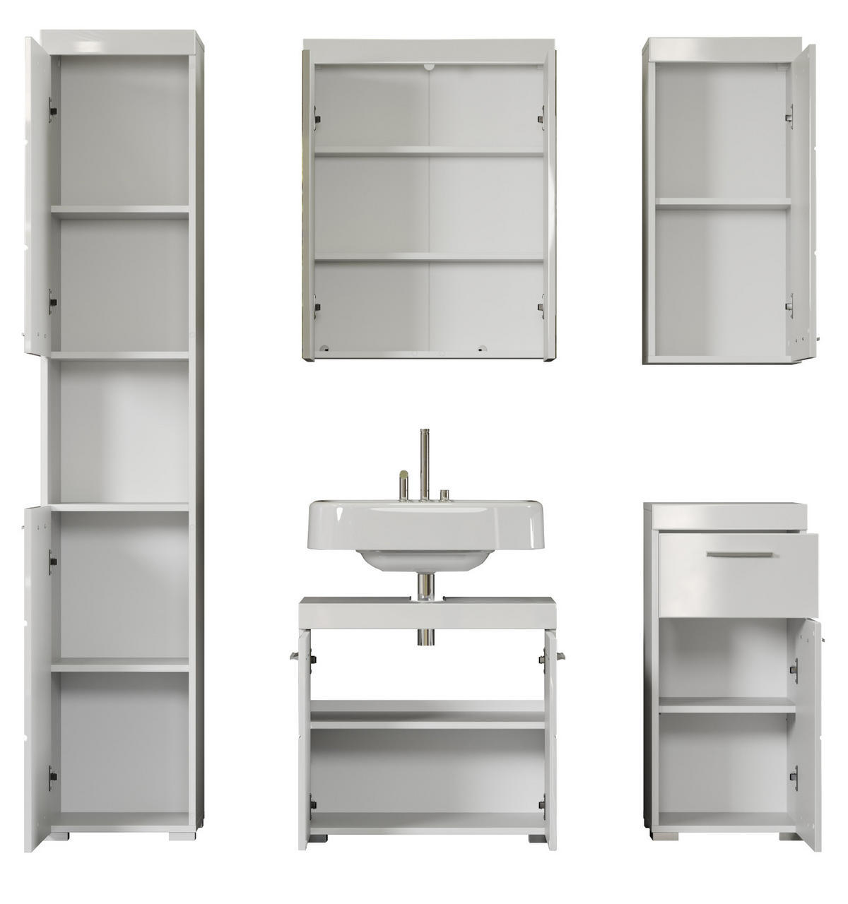 BADMÖBEL-SET weiß Hochglanz 5-teilig 163 x 190 cm, Badkombination in modernem Design - Weiß, Glas/Holzwerkstoff (163/190/34cm) - Top.Furn