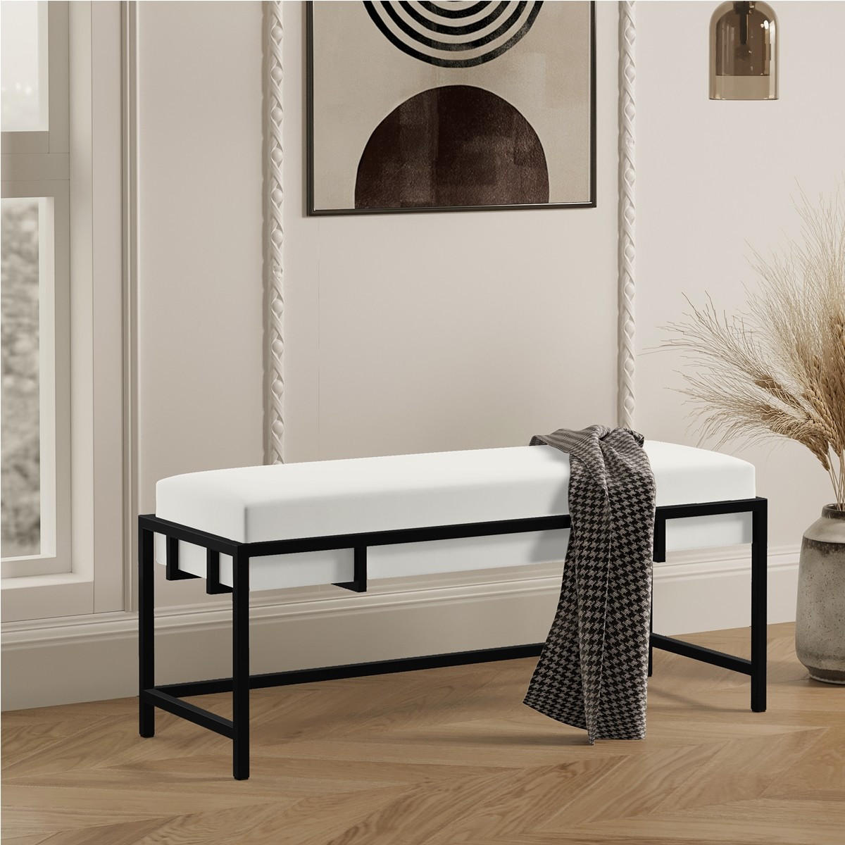 POLSTERBANK LAMO 80 cm Hellbeige, Schwarzes Gestell - Creme/Schwarz, Textil/Metall (80/45/35cm) - Bettso