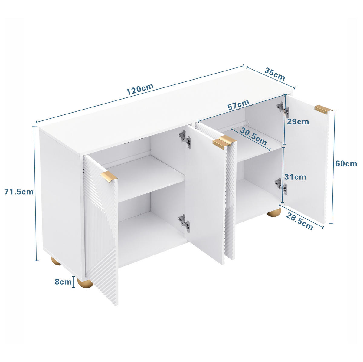 SIDEBOARD 120/35/71,5 cm aus MDF mit 4 Türen, verstellbaren Einlegeböden und gravierten Fronten, Weiß - Weiß, Holzwerkstoff (120/71.5/35cm) - Redom