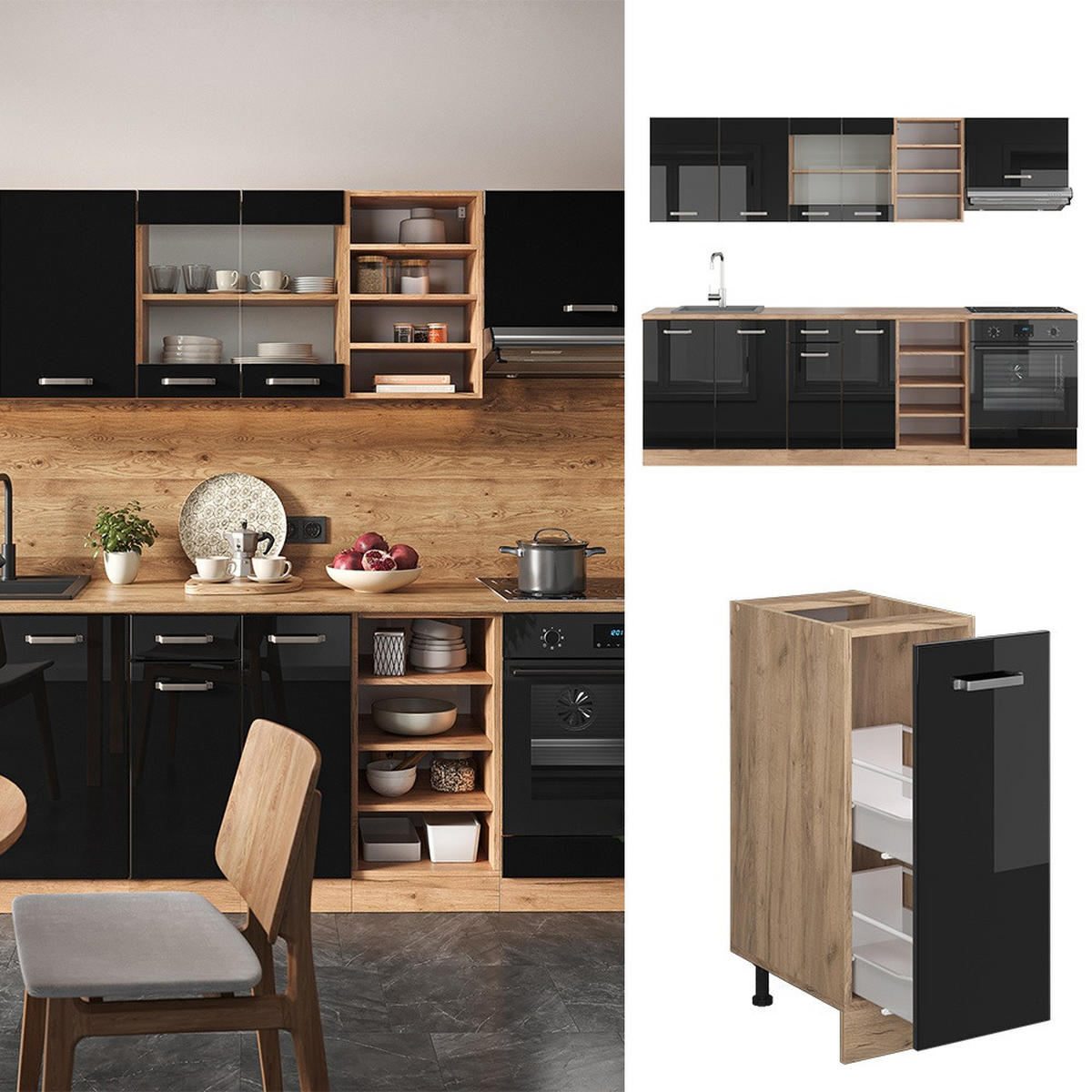 PENTRY R-Line Svart högblank/Goldkraft ek 240 cm , AP Oak - Honungsek/Svart högglans, Träbaserade material (240/206.8/60cm) - Vicco