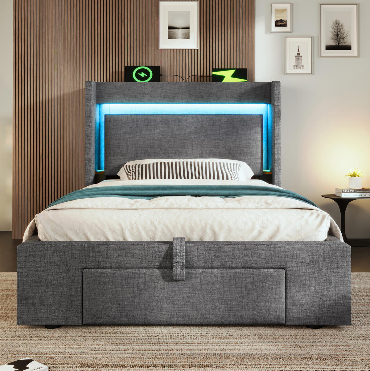 POLSTERBETT mit Bettkasten 90/200 cm in Grau mit LED-Beleuchtung und USB-Anschluss - Grau, Textil (90/200cm) - BEAOK