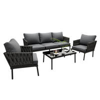 GARTENLOUNGE-SET 4-teilig mit 3-Sitzer-Sofa, 2 Sesseln, Glastisch und Seilarmlehnen aus verzinktem Stahl, Grau - Grau, Textil - Redom
