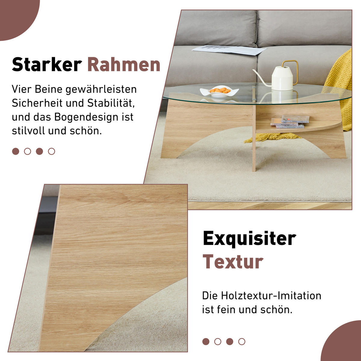 COUCHTISCH in Naturfarbe Moderner ovaler Beistelltisch mit Holzoptik für Esszimmer und Wohnzimmer, B104.9/T60/H35.6 cm - Transparent/Naturfarben, Glas/Holzwerkstoff (60/104.9/35.6cm) - STILVORA