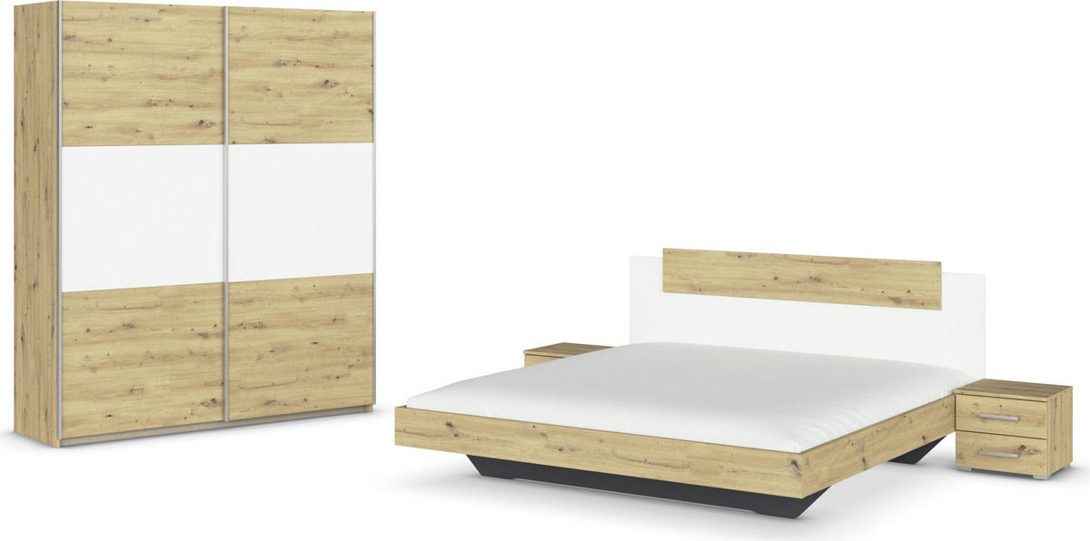 SCHLAFZIMMER Borba in Eiche und Weiß 4 teilig – mit Bettanlage 180x200cm, zwei Nachttisch und Schwebetürenschrank 175cm Breite - Braun, Holzwerkstoff (80/200/120cm)