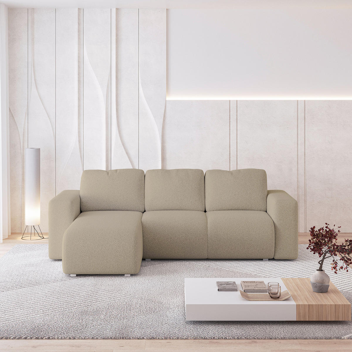 ECKSOFA RINOVA Beige Boucle-Stoff mit Schlaffunktion - Beige, Holz (250/143cm) - MASSENO