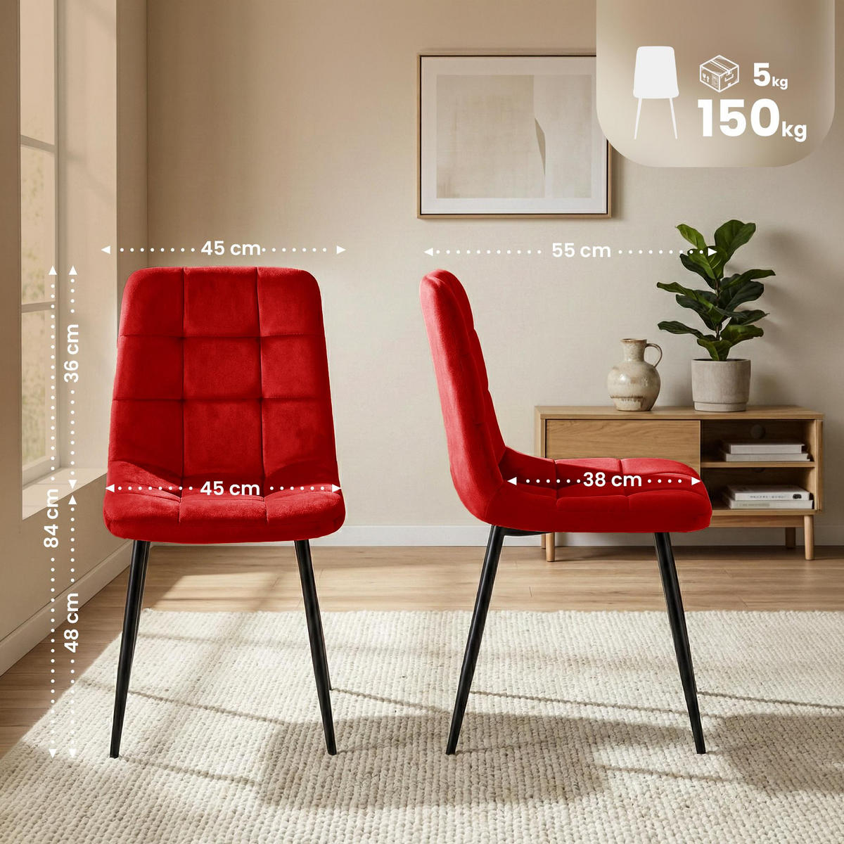 STUHL Samt Rot - Rot/Schwarz, Textil/Metall (45/84/55cm) - CLP