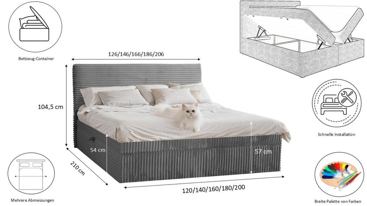 BOXBETT Bettkasten Und Topper TRENTO Ohne Bein Stoff Plüsch Cord 180x200 cm Dunkelgrau H3-Bonell - Dunkelgrau, Holz/Textil (180/200cm) - Kaiser Möbel