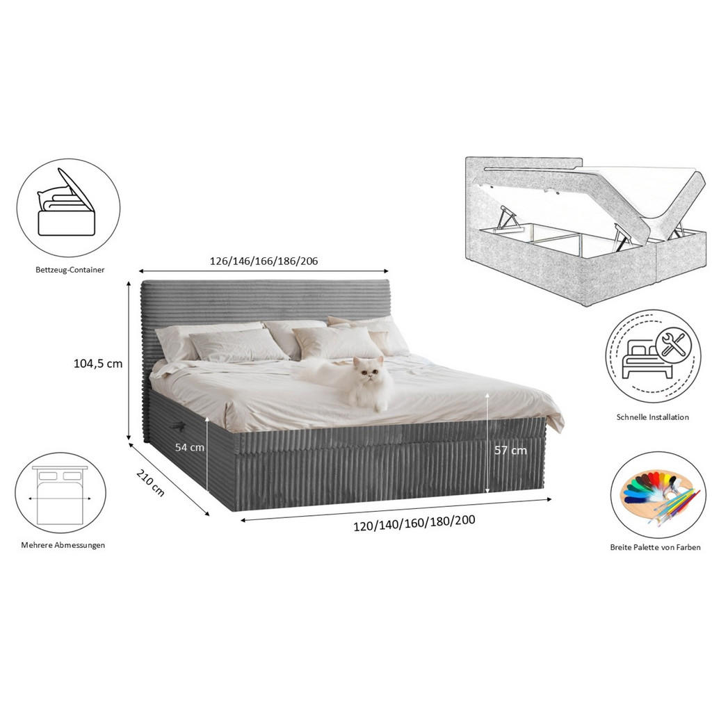 Thumbnail - Kaiser Möbel Boxbett, Dunkelgrau, Textil, H2, Höhe ca. 20 cm, 120x200 cm, Schlafzimmer, Betten, Boxspringbetten