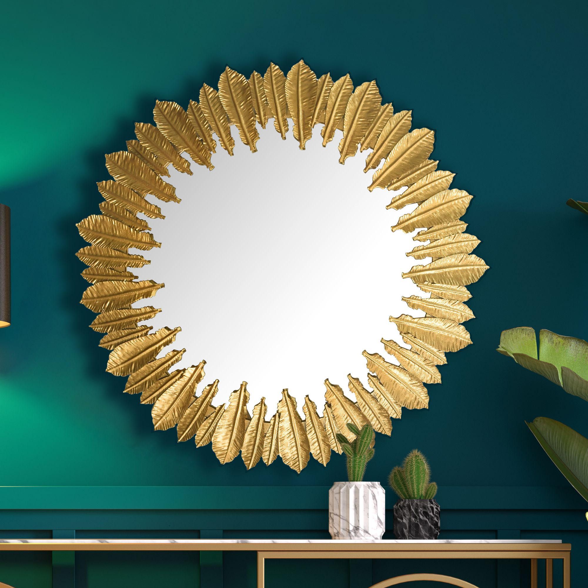 WANDSPIEGEL Rund Metall Gold 68 cm Federn-Design - Goldfarben, Glas (68/68/3cm) - KADIMA DESIGN