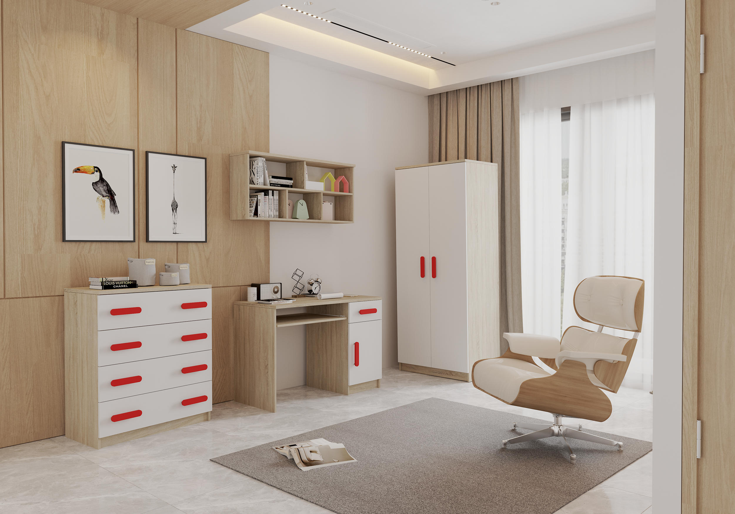 JUGENDZIMMER Elora in Eiche und Weiß – 4-teiliges Set mit Schreibtisch, Kommode, Wandregal und Schrank – Grifffarbe Rot - Braun, Holzwerkstoff (80/200/120cm)