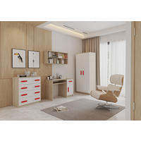 JUGENDZIMMER Elora in Eiche und Weiß – 4-teiliges Set mit Schreibtisch, Kommode, Wandregal und Schrank – Grifffarbe Rot - Braun, Holzwerkstoff (80/200/120cm)